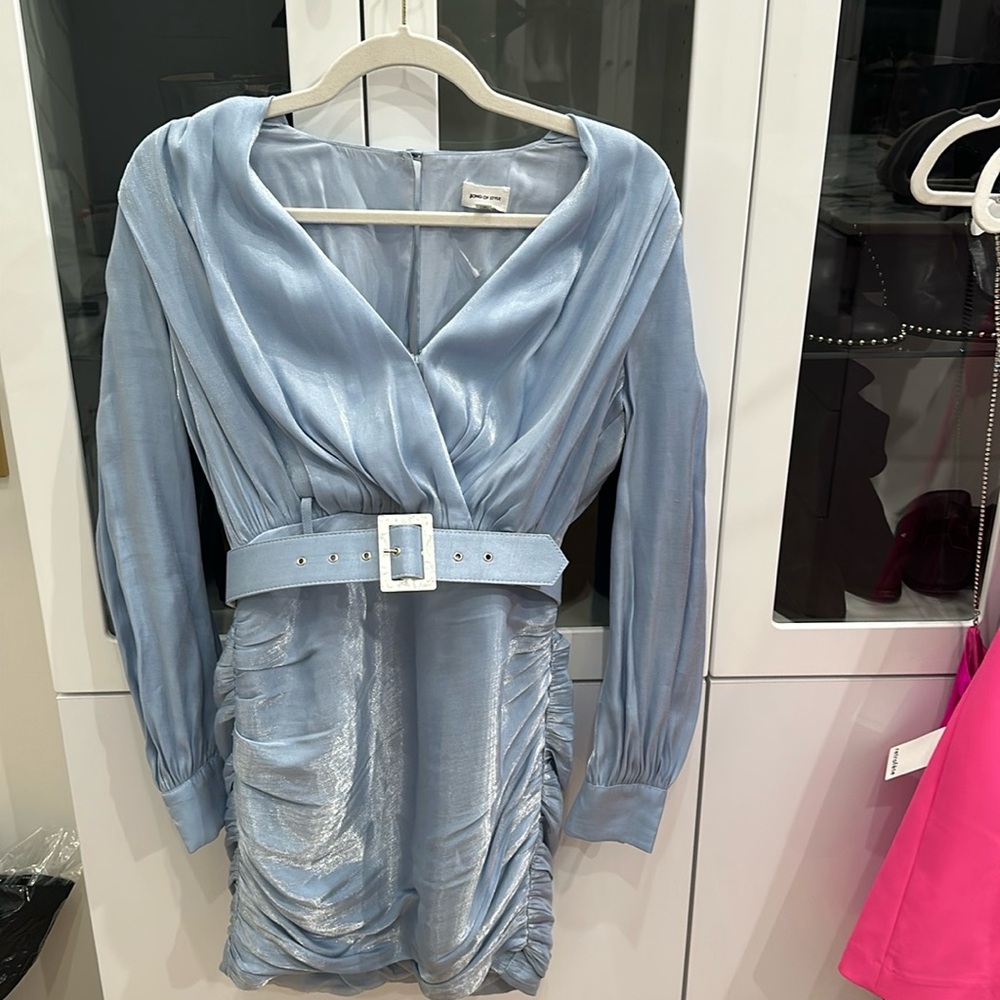 Long Sleeve Light Blue Belted Mini Dress